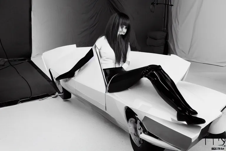 Image similar to Beautiful photograph of Yorha 2B sitting on a concept 1970s wedge car. 8k. Studio lighting.