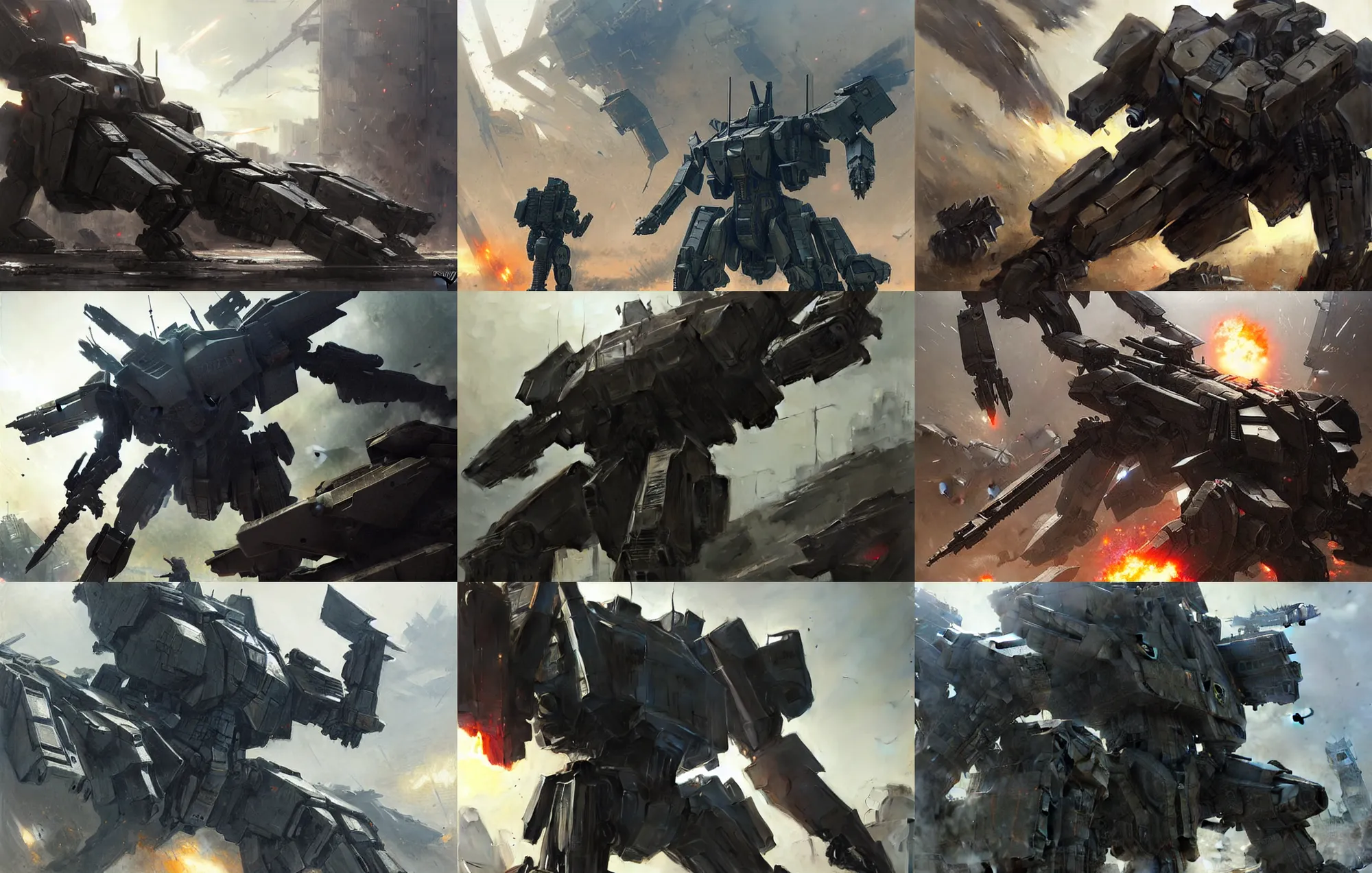 Prompt: an armored core v on the ground, by greg rutkowski