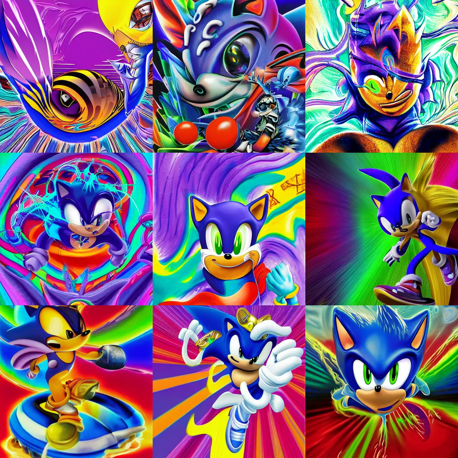 Image similar to surreal, sharp, detailed professional, high quality portrait sonic airbrush art MGMT album cover portrait of a liquid dissolving LSD DMT sonic the hedgehog surfing through cyberspace, purple checkerboard background, 1990s 1992 Sega Genesis video game album cover