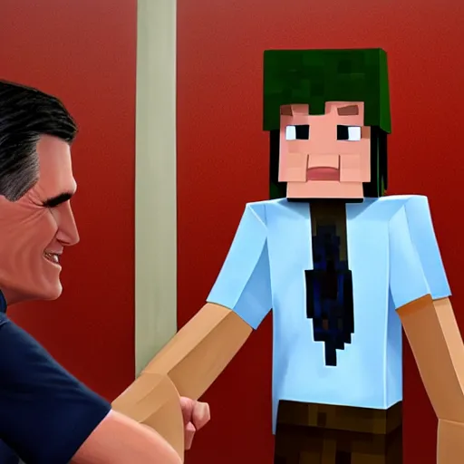 Prompt: Minecraft Steve meets photorealistic Mitt Romney, digital art, trending on artstation, oil painting