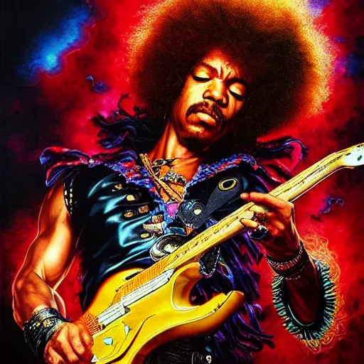 Image similar to uhd photorealistic portrait of ryan reynolds as jimi hendrix, by amano, ayami kojima, greg rutkowski, lisa frank, mark brooks, and karol bak, masterpiece, cinematic composition, dramatic pose, studio lighting, correct face, hyperdetailed, intricate details