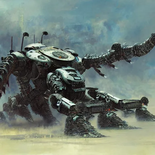 Image similar to giant armored ashigaru beetle mecha concept painting by jessica rossier, hr giger, john berkey