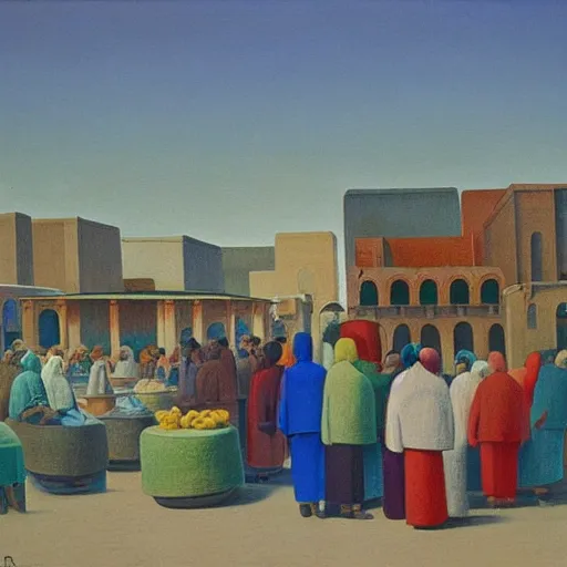 Image similar to market in old samarkand, pastel painting, by rene magritte