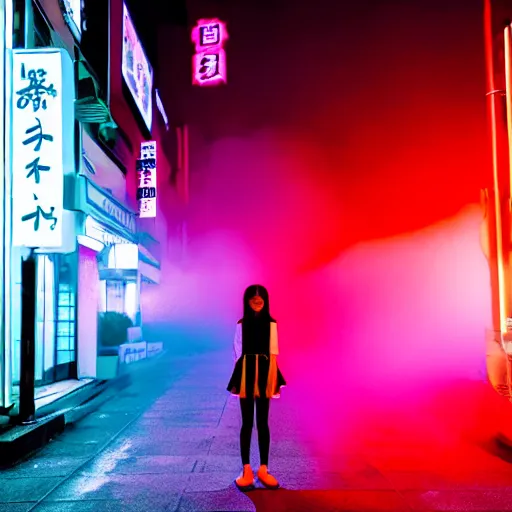 Image similar to a dramatic colorful fujifilm vaporwave photograph of a young japanese girl\'s silhouette standing in the middle of a tranquil nighttime tokyo street. neon signs light the fog with volumetric rays.