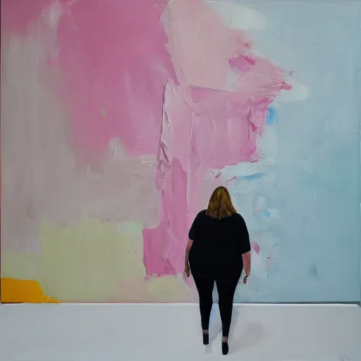 Image similar to _ in _ these _ paintings _ we _ see _ a _ big and tall _ woman _ who _ seem _ to _ be _ walking _ in _ circles in a busy void space, 4 k, in the style of ben quilty, hyper realism, minimal pink palette, medium shot, oil paint with thick brushstrokes of paint, impasto, detailed,