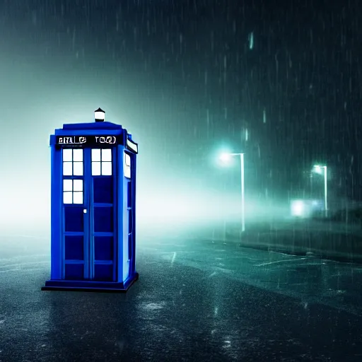 Image similar to a hyperdetailed photograph of the tardis sat on a futuristic street corner, night, dense fog, rain, hd, 8 k resolution