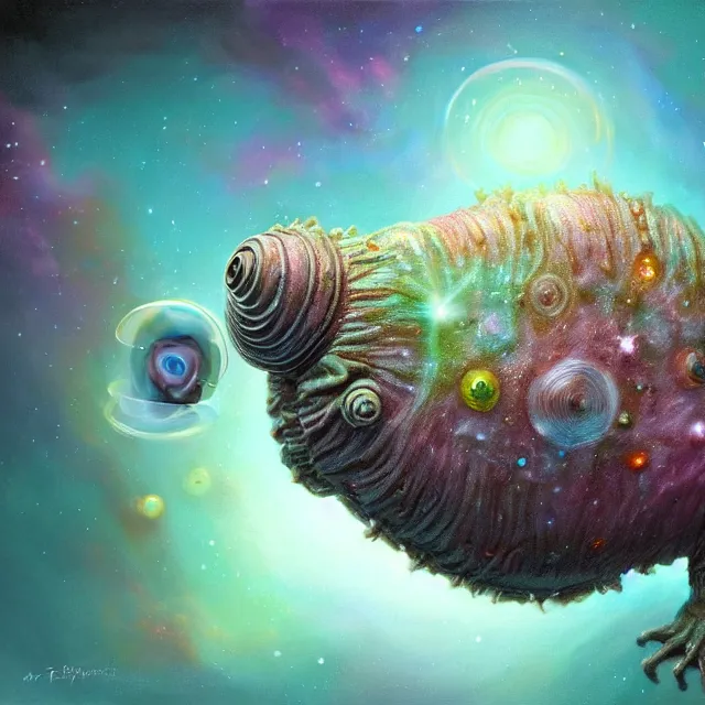 Image similar to a highly detailed tardigrade, it has a beautiful unconventional face, floating through deep space, elegant, hyperrealistic, digital painting, artstation, realism, concept art, pop, smooth, mythological, sharp focus, qualia, illustration, art by mark ryden 3 d 8 k ultra detailed