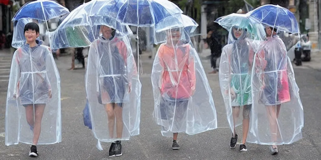 Prompt: transparent raincoats holding transparent umbrellas