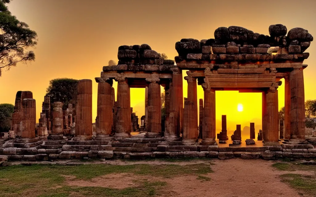 Prompt: the golden hour, sunset gloaming, ancient temples, amber days