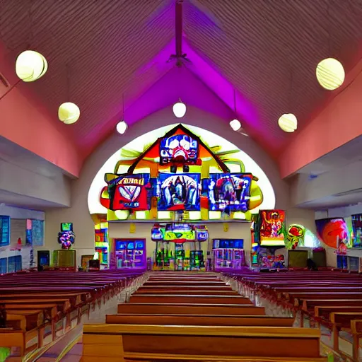 Prompt: photo of interior of a chuck e. cheese church cathedral