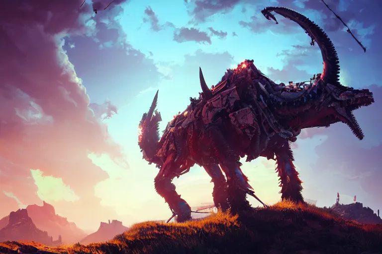 Image similar to grimhorn fanghorn machine creature robot of horizon forbidden west horizon zero dawn radiating a glowing aura global illumination ray tracing hdr fanart arstation by ian pesty and alena aenami artworks in 4 k