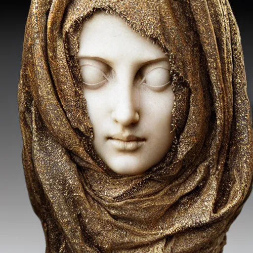 Image similar to a masterpiece marble sculpture of the veiled hooded virgin, subsurface cracks, !dramatic !face, !female, covered in intricate !detailed golden !!streaked veil , physically based rendering, ultra photo realistic, cinematic lighting , dark background by Dan Hillier