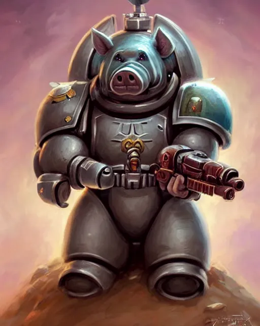 Image similar to cute little anthropomorphic Pig Space Marine, tiny, small, short, Space marine, cute and adorable, pretty, beautiful, DnD character art portrait, matte fantasy painting, DeviantArt Artstation, by Jason Felix by Steve Argyle by Tyler Jacobson by Peter Mohrbacher, cinema