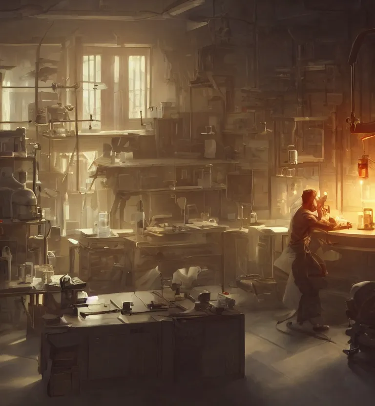 Prompt: a scientists in his lab while bodybuilding unreal render cinematic lighting art by bussiere rutkowski andreas rocha