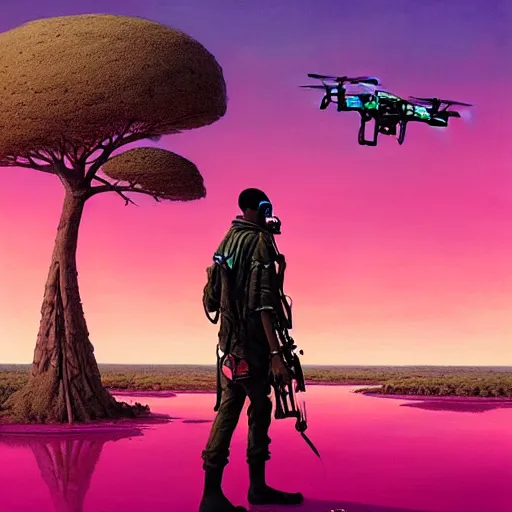 Image similar to a zulu cyberpunk hunter with a drone near a pink lake witha a baobab tree at sunset by greg rutkowski and android jones in a surreal portrait style, oil on canvas, backview, 8k resolution.