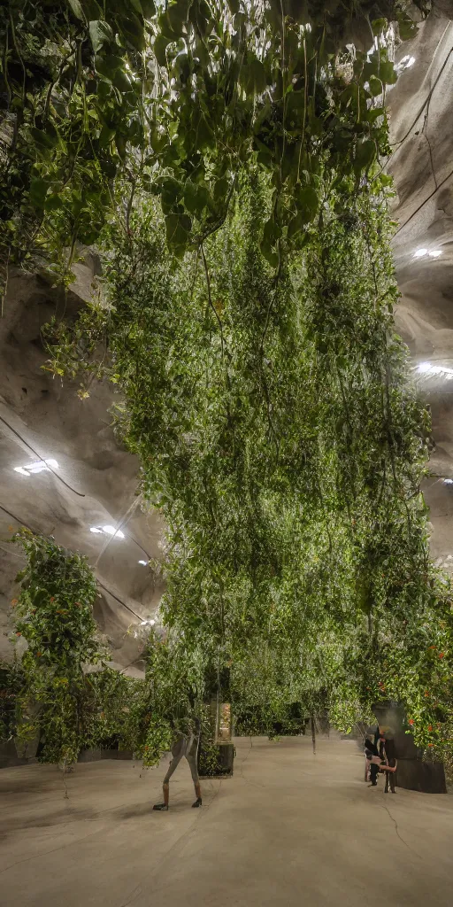 Prompt: photo inside underground caverns by andrew kudless. the space is crowded with visitors. architectural photography. 4 k, 8 k. volumetric lighting. structural vaults. ivy and many plants hanging from ceiling, white concrete floor.