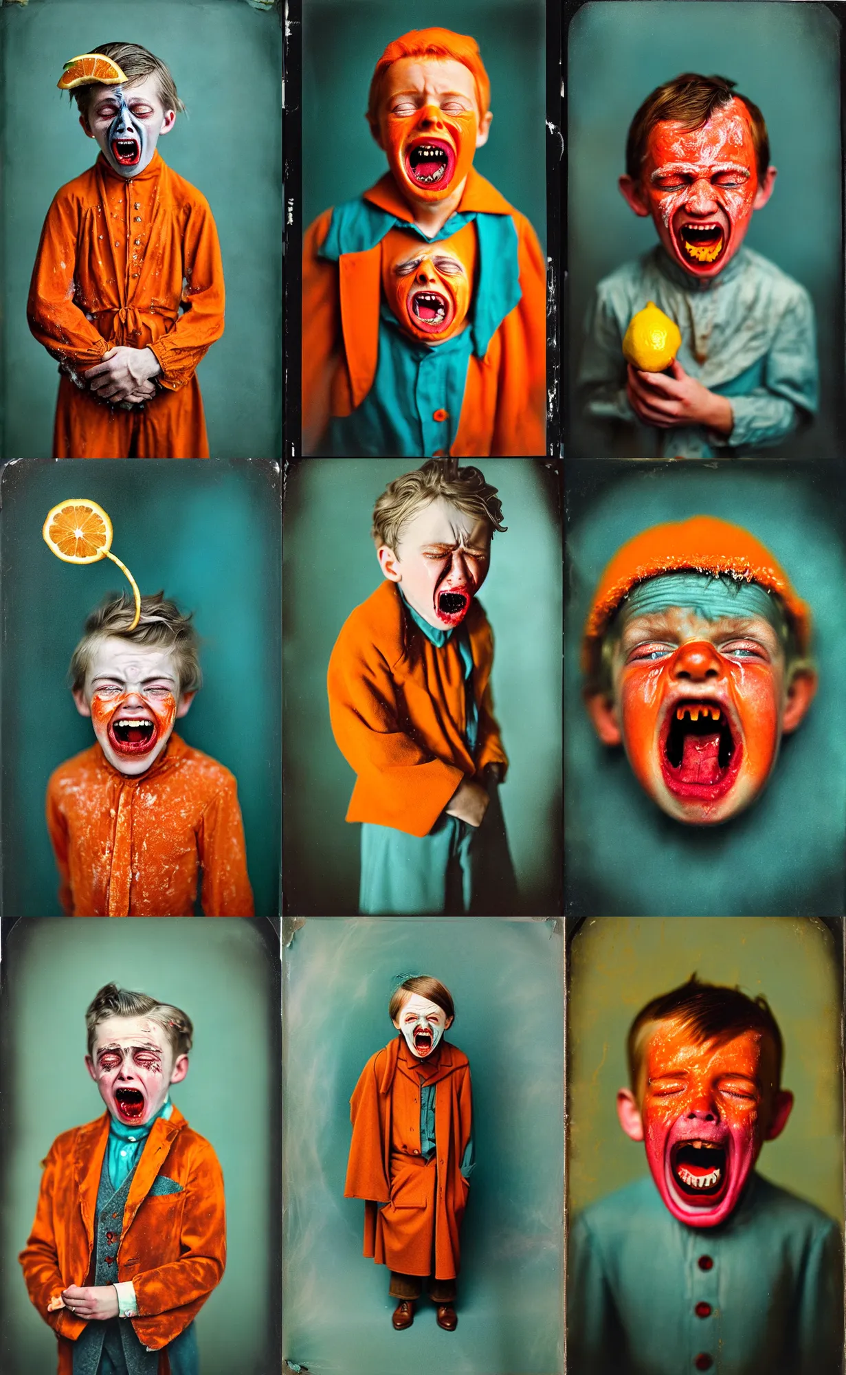 Image similar to kodak portra 4 0 0, wetplate, 8 k, shot of a highly detailed, britt marling style, colour still - life portrait of a lemon looks like a handsome screaming 8 year old crying boy in a dangerous snow hell fire storm, dracula teeth, 1 9 2 0 s cloth, 1 9 2 0 s hair, teal and orange, muted coloures