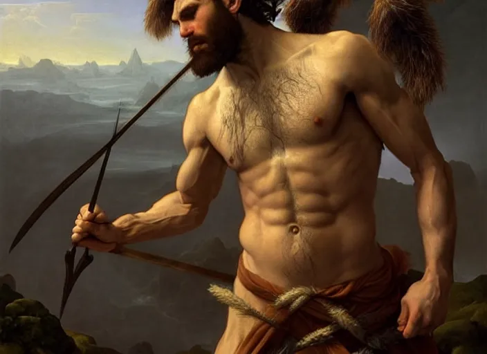 Image similar to renaissance painting full body portrait of a gruff ranger with a spear, lean and toned, handsome face, hairy chest and hairy body, D&D, intricate, elegant, highly detailed, digital painting, artstation, concept art, matte, sharp focus, chiaroscuro, well list, illustration, art by Artgerm and Greg Rutkowski and Alphonse Mucha