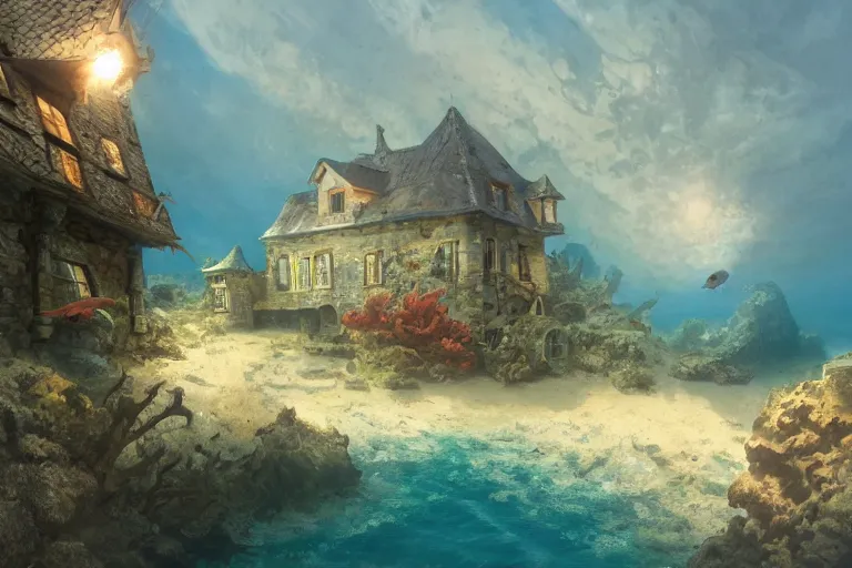 Prompt: underwater scene, on the sandy ocean floor, a typical european house with a slate roof, coral reef, school of fishes, shark, scenic view, atmospheric blue tonality matte painting by marc simonetti and hubert robert, trending on artstation