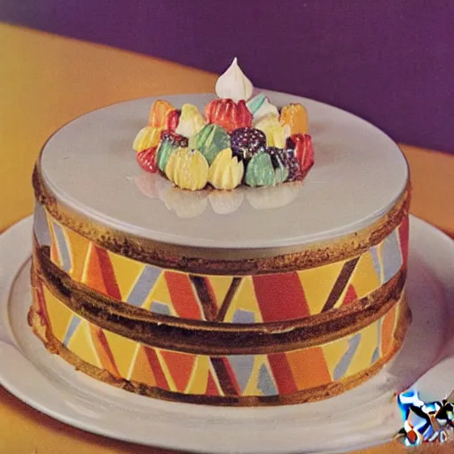 Image similar to 1970's cookbook color photograph of fancy cake sharp detail high detail