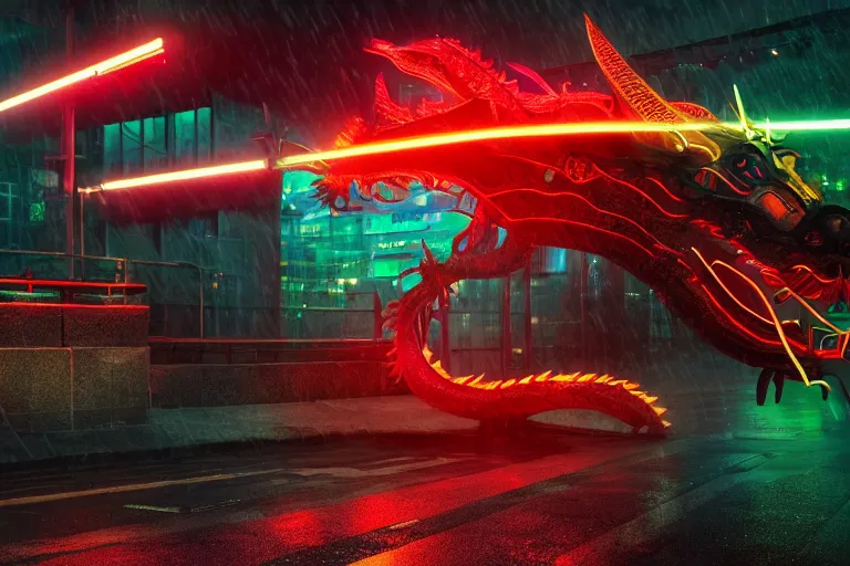 Prompt: cinematic wide angle shot of a neon cybernectic chinese dragon in the rain, midnight city lights, strong bokeh, dramatic lighting, unreal engine, cgsociety, artstation, 4k
