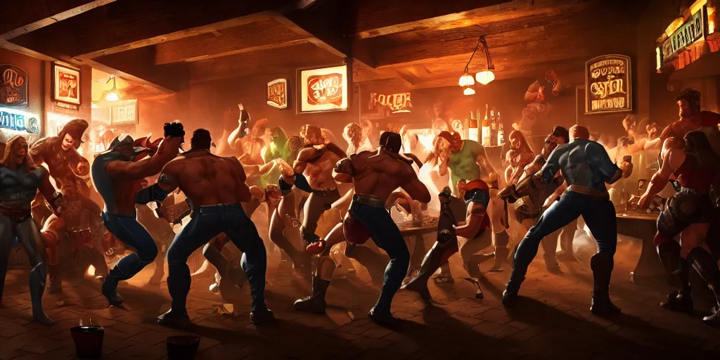 Image similar to a photo of a bar fight inside a pub between dungeons and dragons and comic book heroes, detailed faces, accurate faces, 4k, hyperrealism, editorial, photorealistic, crisp details, sharp focus, wide angle lens, octane render, caustics