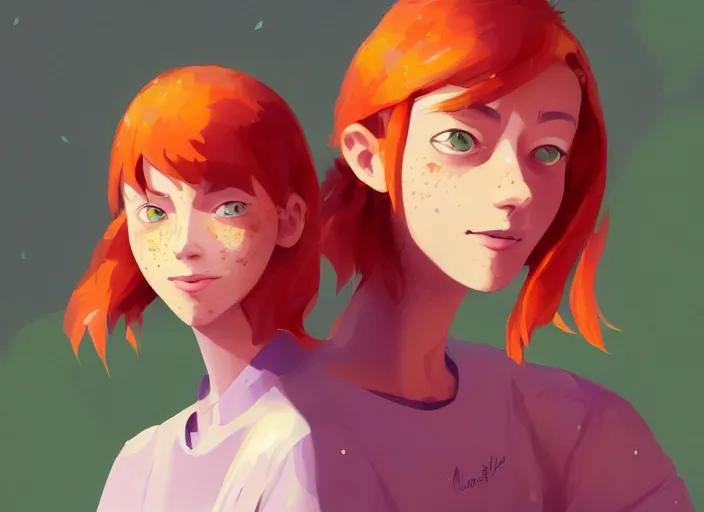 Image similar to portrait of a beautiful smiling girl with orange hair and freckles, green eyes, highly detailed, digital painting, concept art, smooth, sharp, focus, background is purple, digital painting, artstation, highly detailed, by makoto shinkai and thomas kindle and James gilleard