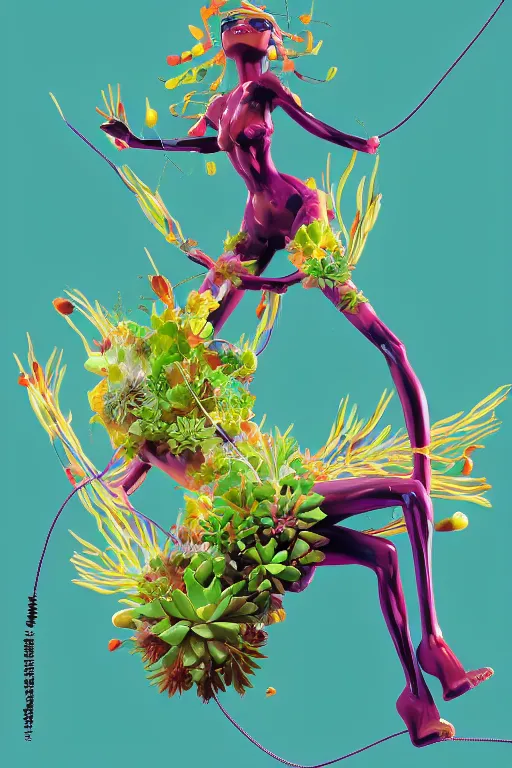 Prompt: epic 3 d abstract puerto rican woman crawling out of evangelion made of asymmetrical succulents and cati, melting into plum and teal peanut butter, thick wires, houdini sidefx, pixiv trending, by ilya kuvshinov, jamie hewlett and yoshitaka amano