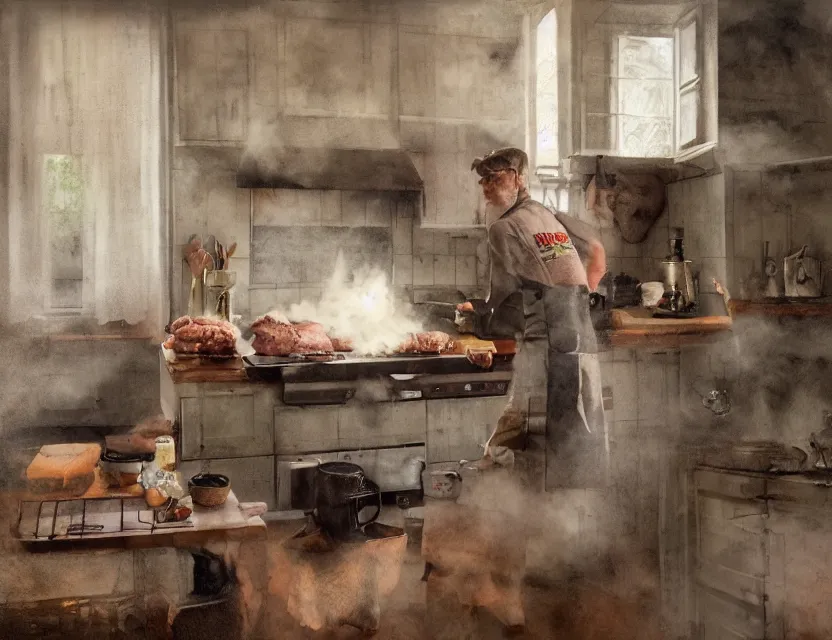 Image similar to jerma 9 8 5 cooking meat in a kitchen in country house, cottage core, cinematic focus, polaroid photo bleached vintage pastel colors high - key lighting, soft lights, foggy, by steve hanks, by lisa yuskavage, by serov valentin, by tarkovsky, 8 k render, detailed, oil on canvas