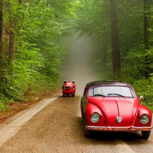 Prompt: promotional scifi - mystery movie scene of a ( volkswagen beatle ) and ladybug hybrid. racing down a dusty back - road in smokey mountains tennessee. cinematic, 4 k, imax, 7 0 mm