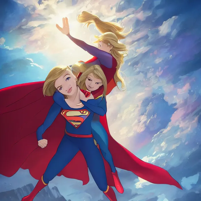 Image similar to A beautiful ultradetailed cartoon of one Supergirl hovering and holding one Lena Luthor in her arms, blue sky, Metropolis, 4k, Raphael Lacoste, by Rossdraws and Bluesssatan and Mandy Jurgens and Stjepan Sejic, Legend of Korra, Supergirl, fanart, trending on artstation, highly detailed, soft lighting 8k resolution, dramatic lighting, unreal engine 5, Pinterest, Katie McGrath, Melissa Benoist