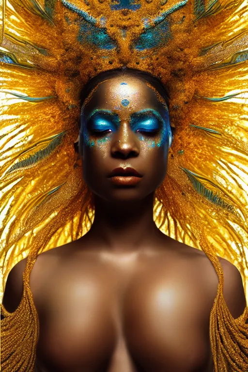 Image similar to hyperrealistic neo - symbolist cinematic very beautiful! oshun goddess with white eyes, yoruba body paint, dripping droplet armor, gold flowers, highly detailed digital art masterpiece, smooth etienne sandorfi eric zener dramatic pearlescent soft teal light, ground angle uhd 8 k, sharp focus