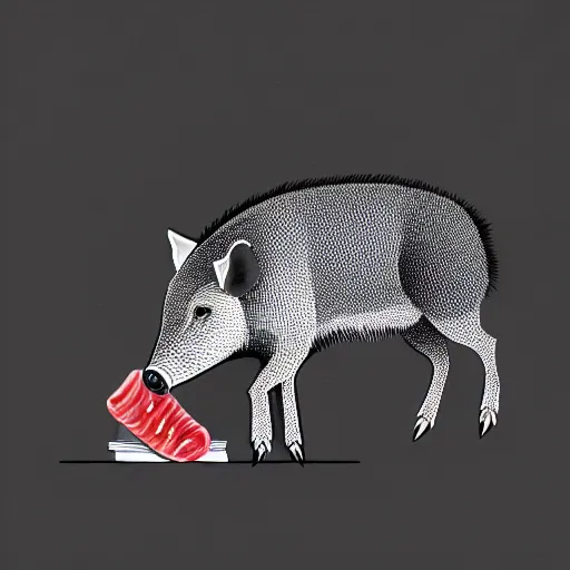 Image similar to book illustration of a wild boar eating gummy worms, book illustration, monochromatic, white background, black and white image