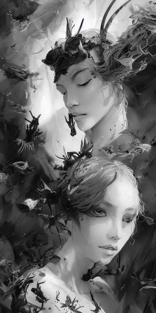 Image similar to highly detailed beautiful black and white photography of insects, sharp focus, dynamic lighting, elegant harmony, beauty, masterpiece, by riccardo federici, by james jean, by craig mullins, by lois van baarle, by makoto shinkai, by greg tocchini, by greg rutkowski, illustration, ink draw, pen,