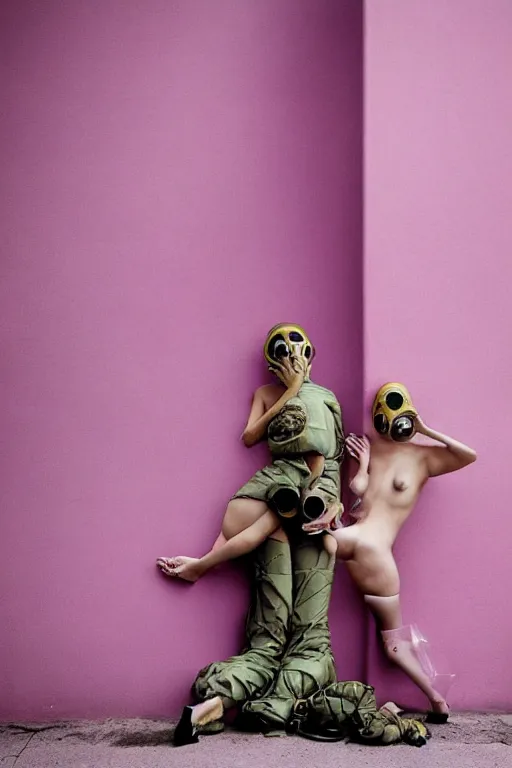 Image similar to a surreal portrait of intertwined and contorted figures wearing gas mask next to a pink wall in the style of brooke didonato, editorial fashion photography from vogue magazine, full shot, nikon d 8 1 0, ƒ / 2. 5, focal length : 8 5. 0 mm, exposure time : 1 / 8 0 0, iso : 2 0 0