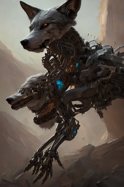 Prompt: 3 quarter view photography portrait of a biomechanical wolf illustrated by greg rutkowski and Akira Saito and Peter mohrbacher, boston dynamics, 4k,