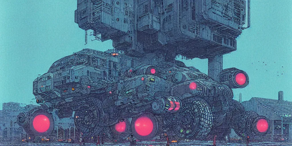 Prompt: grainy risograph matte painting of gigantic huge mech covered with wounds, black, pastel matte colors, staying in the foggy huge parking station, blue glowing fireflies, by moebius, hyperrealism, intricate detailed