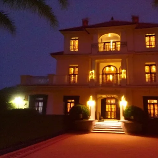 Prompt: A very low quality nokia picture with flash on of a mansion at night