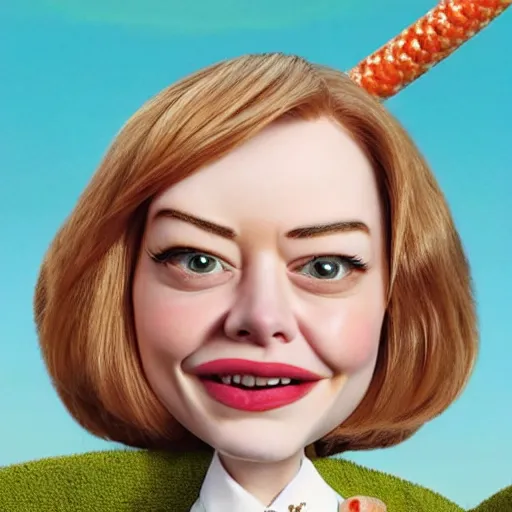 Image similar to hyperrealistic emma stone caricature surrounded by long fat frankfurter sausages by bob byerley and aardman animation, mascot, target reticles