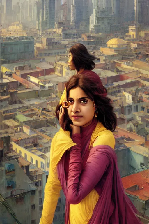 Prompt: A Full View of Kamala Khan Iman Vellani on a rooftop. MCU. masterpiece 4k digital illustration by Ruan Jia and Mandy Jurgens and Artgerm and greg rutkowski and Alexander Tsaruk and WLOP and william-adolphe bouguereau, award winning, Artstation, art nouveau aesthetic, Alphonse Mucha background, intricate details, realistic, panoramic view, Hyperdetailed, 8k resolution, intricate art nouveau