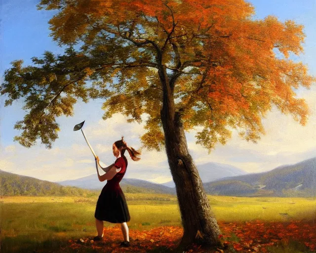 Image similar to landscape portrait of a girl swinging an axe, swinging axe at a hickory tree, autumn mountains, original oil on canvas painting by william sydney mount, trending on artstation