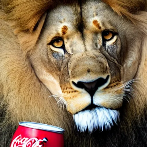 Prompt: a lion eating a can of coca cola