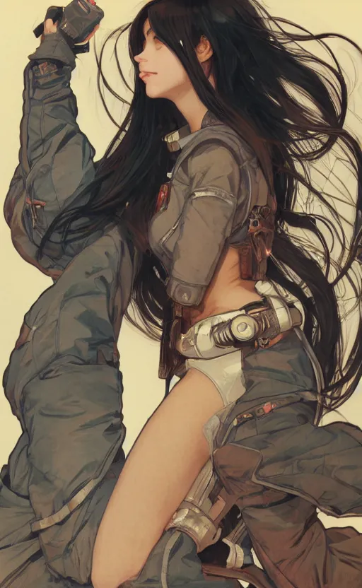 Prompt: girl, fused legs jet engines, cyborg, vintage clothing, anime style, long hair, hair down, symmetrical facial features, from arknights, hyper realistic, 4 k, rule of thirds, extreme detail, detailed drawing, trending artstation, hd, d & d, realistic lighting, by alphonse mucha, greg rutkowski, sharp focus, backlit