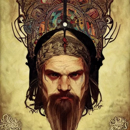 Image similar to portrait of tattooed Slavic Viking priest by Anato Finnstark, Alphonse Mucha, and Greg Rutkowski