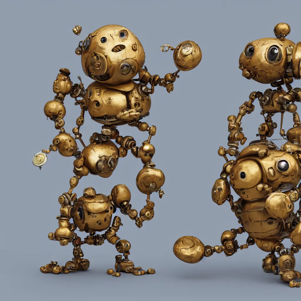 Image similar to , a small chubby bot, smooth panelling, one large gold eye intricate detail, style of pokemon, with damaged rusty arms, broken antenna, recycled, floating, white studio, oil, mechanical, toy, ambient light, in the style of pixar animation, pokedstudios, blender, octane render, 8 k, gediminas pranckevicius