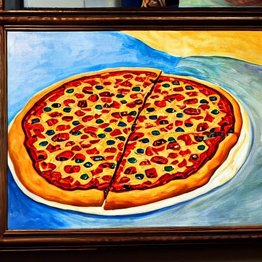 Image similar to A piece of holy pizza, painting in a museum