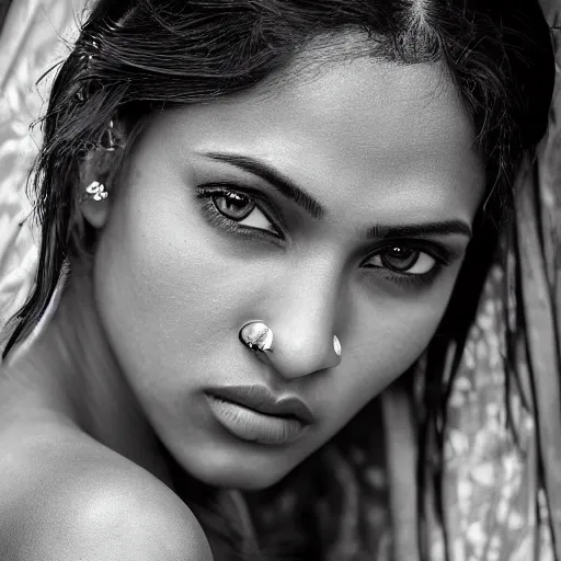 Prompt: Portrait photography of indian beauty who have the nose of Angelina Jolie, lips of Megan Fox and the eyes of Rihanna, award winning photography by Leonardo Espina