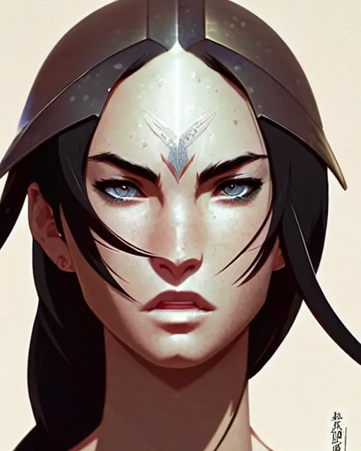 Image similar to azctec warrior, megan fox, detailed perfect face, exquisite details, fire magic, mid view, design on a white background, by studio muti, greg rutkowski makoto shinkai takashi takeuchi studio ghibli