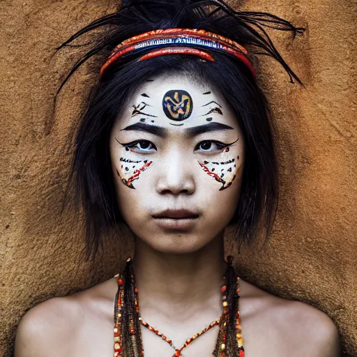 Image similar to portrait of a stunningly beautiful asian tribal female, with tribal face paint, freckles, depth of field, zeiss lens, detailed, symmetrical, centered, fashion photoshoot, by Annie Leibovitz and Steve McCurry, David Lazar, Jimmy Nelsson, Breathtaking, 8k resolution, extremely detailed, beautiful, establishing shot, artistic, hyperrealistic, beautiful face, octane render