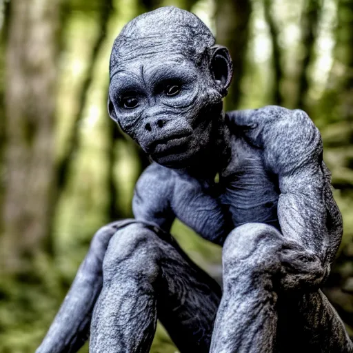 Prompt: Small humanoid creature. Grey skin. Black eyes. Loincloth. Sitting in the forest. Detailed face Photo 8K.